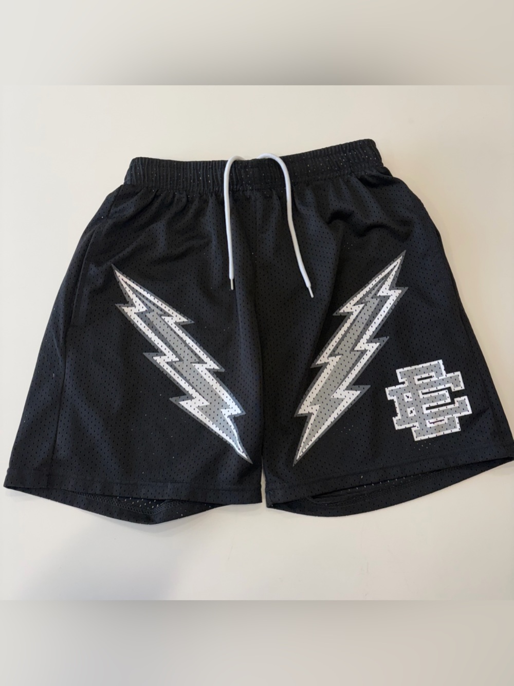 Eric Emanuel Large Black Men's Athletic Shorts with Silver Lightning Design